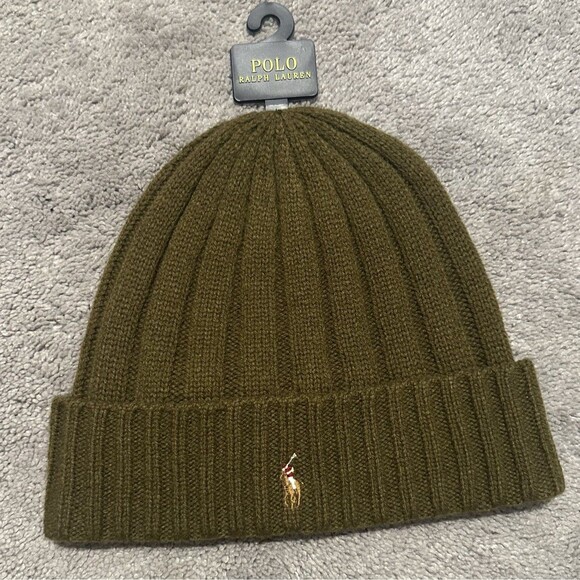 Polo Ralph Lauren Ribbed Cuff Beanie One Size Green Wool Blend Pony Logo Preppy - Picture 1 of 8